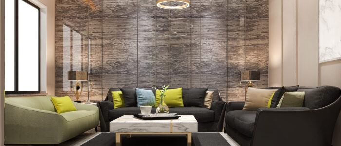 3d rendering loft luxury living room with design chandelier