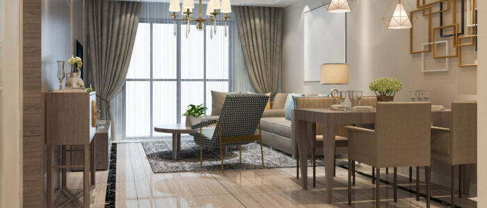 3d rendering loft luxury living room with shelf near dining table